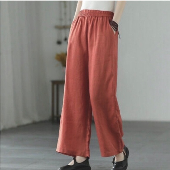 Abercrombie & Fitch High Rise Elastic Waist Linen Wide Leg Crop Pant Coral Large - Picture 12 of 12